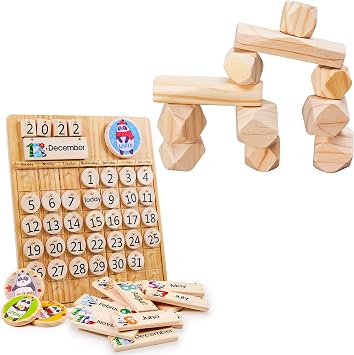 Panda Brothers Set of 2 Toys Wooden Balancing Stones & Wooden Calendar. Montessori Toys for Kids, Wooden Toys, Sensory Toys for 3 4 5 Year Old, Busy Board, Preschool Classroom STEM Toys