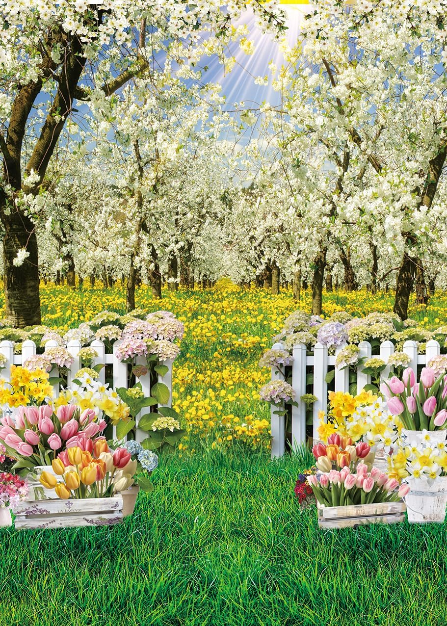 Spring Backdrop White Flowers Forest Tree Spring Garden Natural Scenery Easter Photography Background Kids Baby Shower Wedding Birthday Party Decorations Banner Photo Props (8x10FT)
