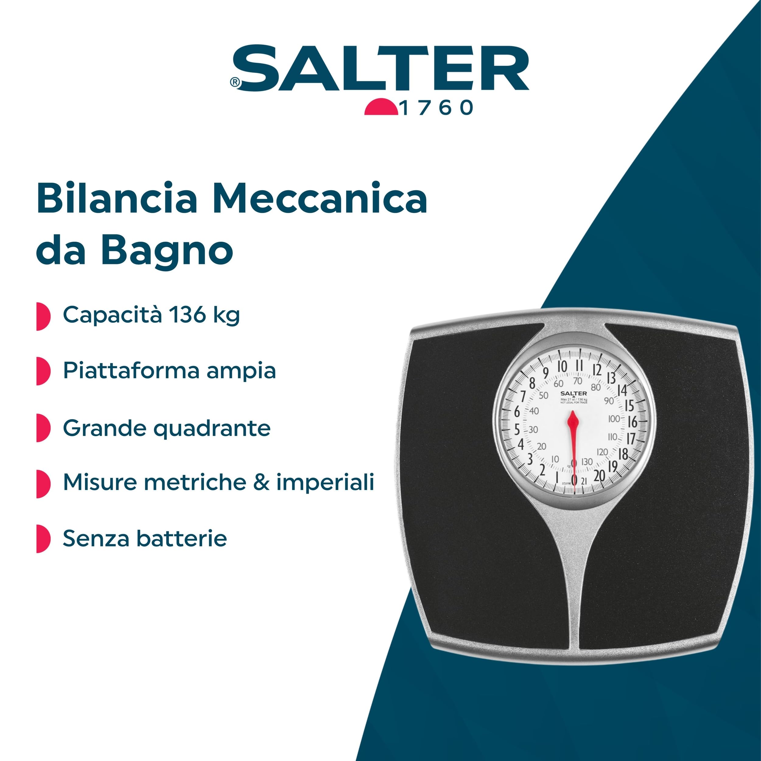 Salter 148 BKSVDR Speedo bilancia pesapersone meccanica, quadrante grande, facile lettura, spaziosa, capacità max 136 kg, no batterie, precisione, affidabilità, misure in kg o lb, nero/argento