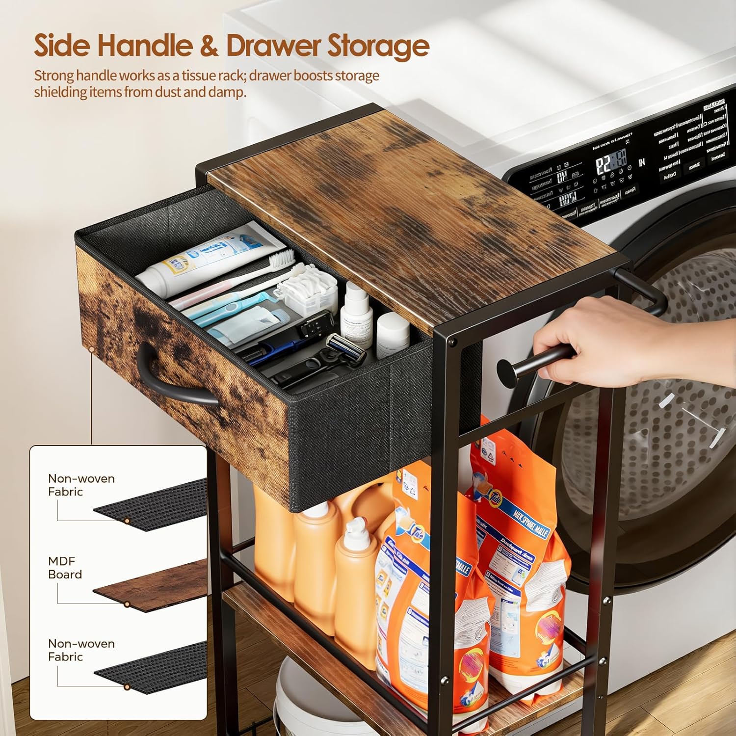 Lewondr Bathroom Organizer and Storage Cart with Drawer, 3-Tier Narrow Rolling Utility Cart with Wood Top and Wheels for Small Spaces, Laundry, Black