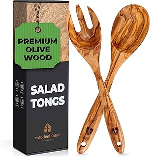 Salad Tongs for Serving, Spoon Salad Utensils Set from Olive Wood, 12 inches Wooden Fork and Spoon for Mixing, Tossing & Cooking