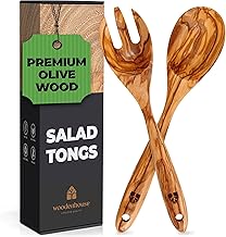 Salad Tongs for Serving, Spoon Salad Utensils Set from Olive Wood, 12 inches Wooden Fork and Spoon for Mixing, Tossing & Cooking