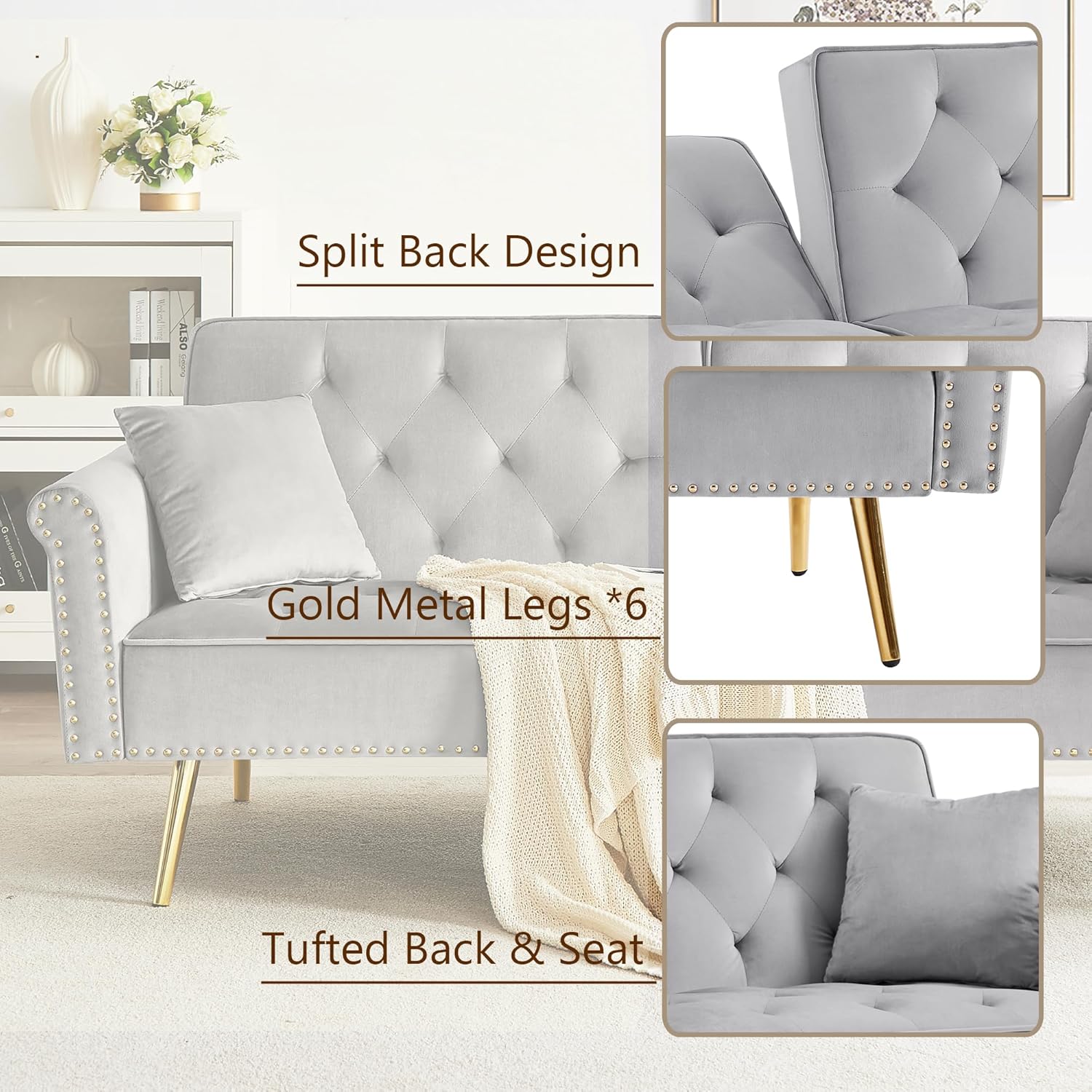 Velvet Loveseat Sofa Couch with Rolled Arms Nailhead Trim, Loveseat Sofa Futon Sleeper Bed with Gold Metal Legs for Living Room. (Grey)