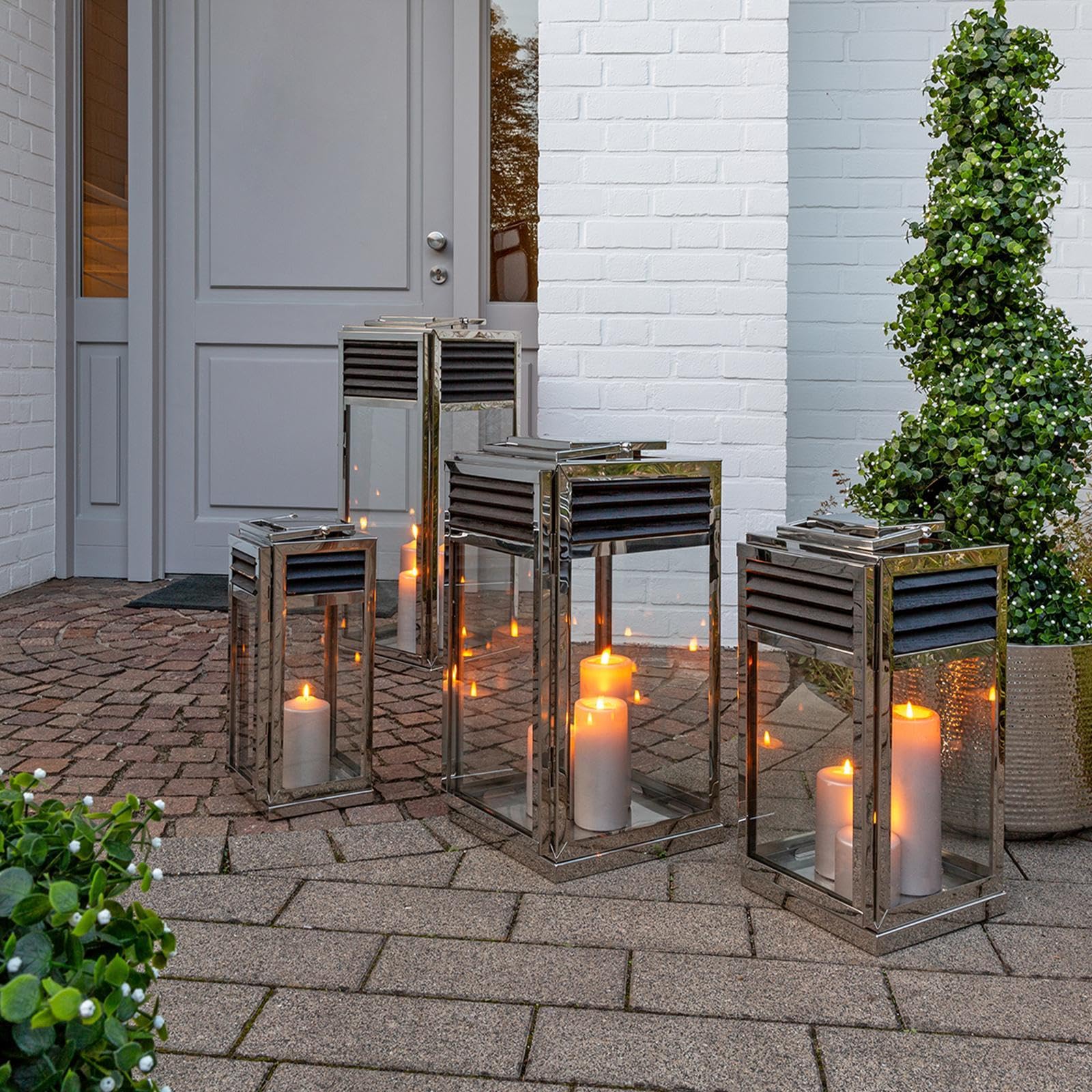 Fink große Laterne 80 cm aus Edelstahl & Teakholz Windlicht für den Innen- & Außenbereich