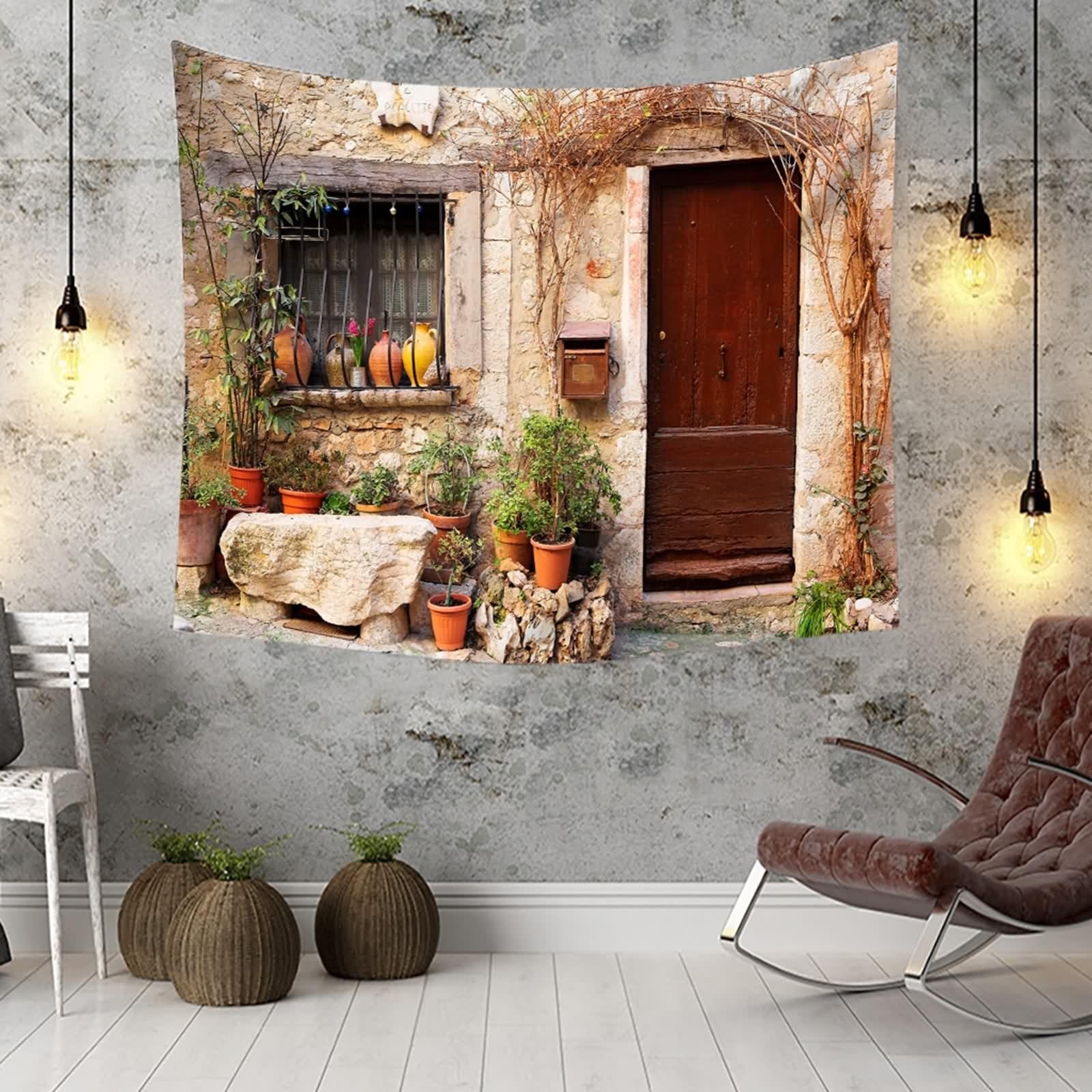 Tapiz decorativo de pared, rectangular, multicolor, puerta de madera de calles, poliéster, 240 x 220 cm