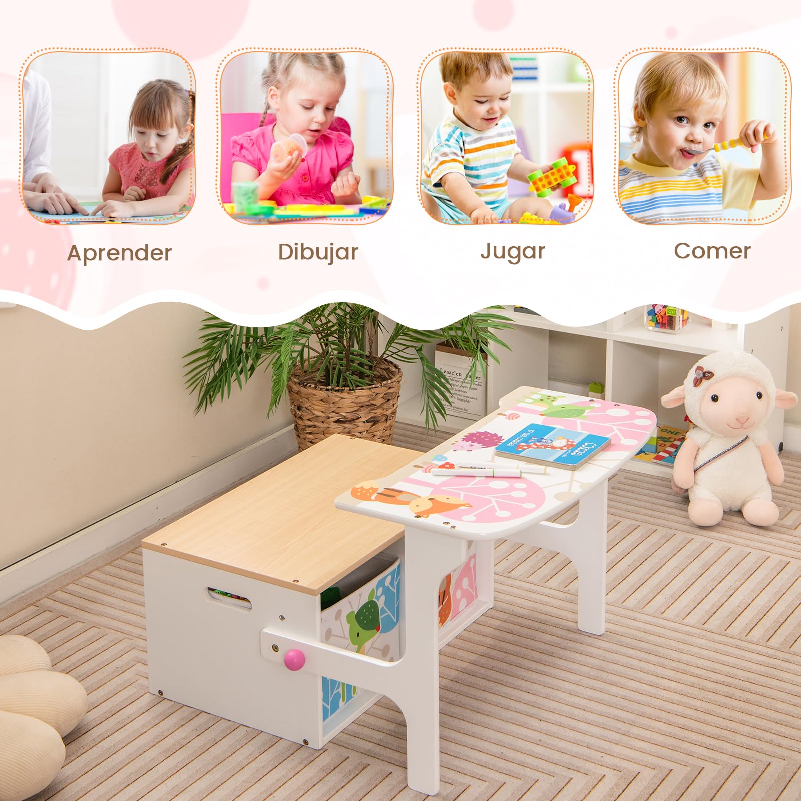 GOPLUS Mesa y Silla Infantil 3 en 1, Banco para Maletero para Juguetes de Madera con Tapa, Respaldo, Caja de Almacenamiento, Mesa de Actividades para Niños de 3 a 7 Años, para Dormitorios Guarderías