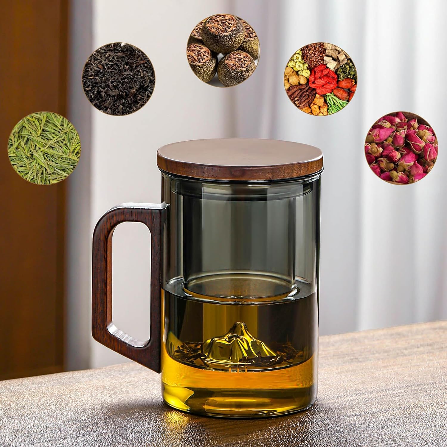 Unbreakable - Glass Tea Cup with Infuser and Lid, 950ML / 32oz Large Borosilicate Tea Mug with Wooden Handle and Lid, Heat Resistant Glass Tea Cup for Loose Leaf Tea, Home Office Use - Image 5