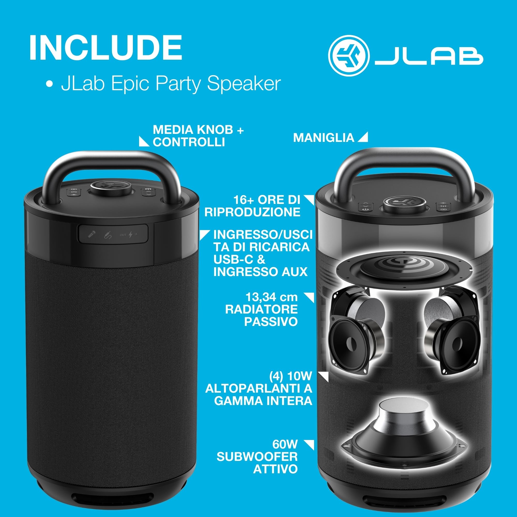 JLab Epic Party Altoparlante Bluetooth Portatile 100W - 16+ Ore, Nero | Cassa Wireless con Luci RGB & Suono 360 Gradi, IP56 Resistente Acqua, EQ Personalizzato