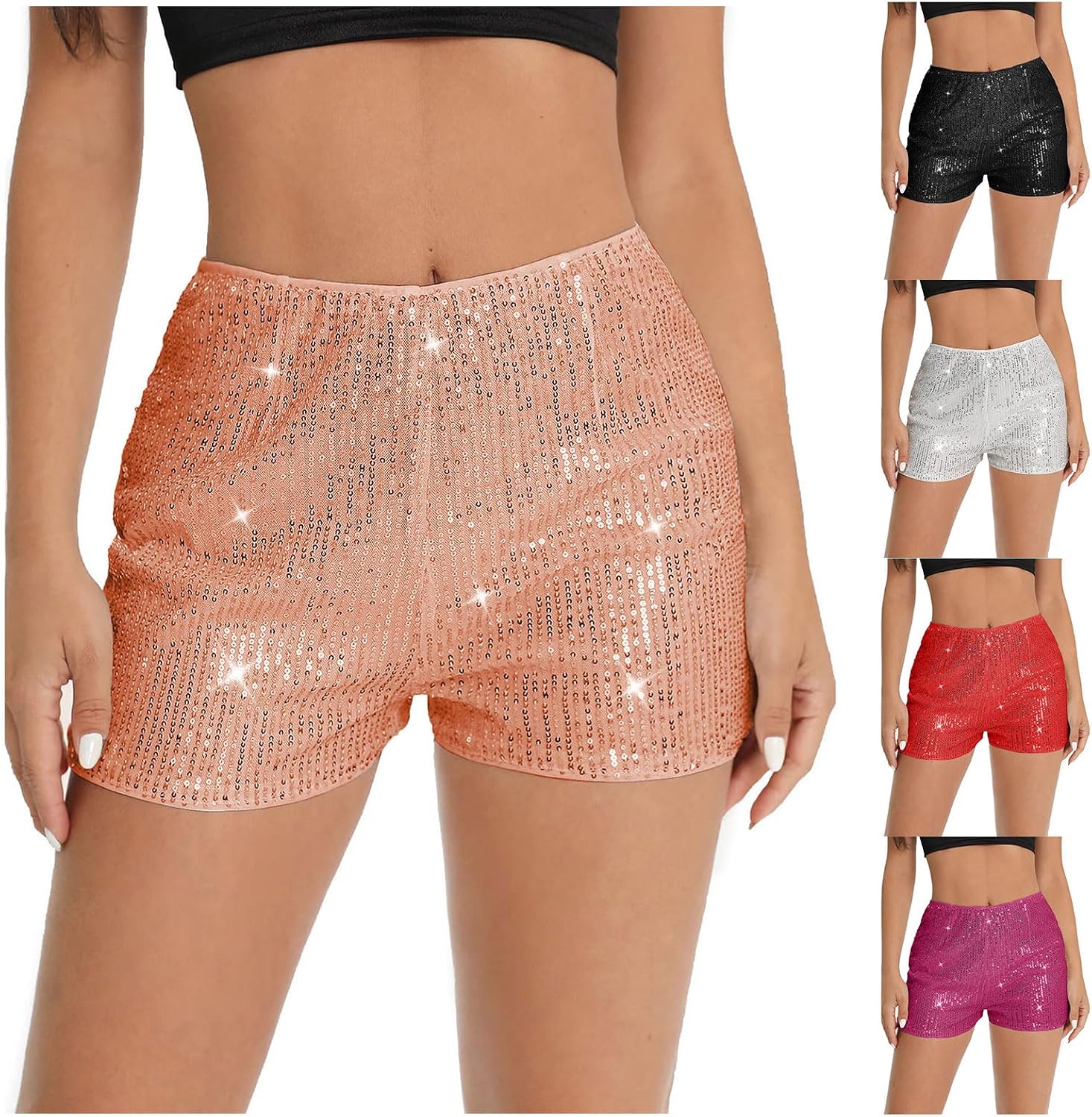 Kubbon Womens Sequin Shorts High Elastic Waist Straight Leg Shorts Glitter Spakly Clubwear Shorts Slim Fit Solid Party Shorts