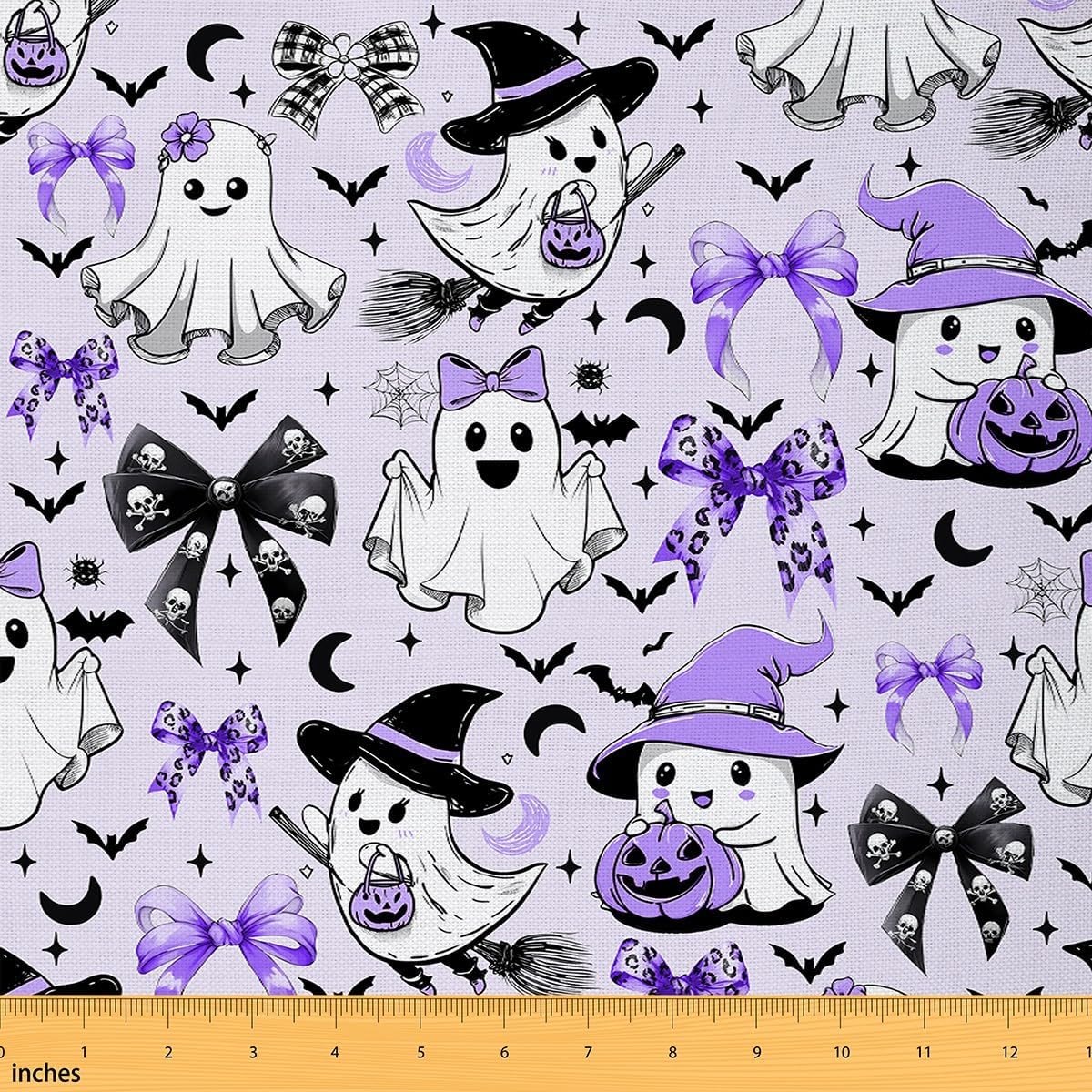 Halloween Ghost Decorations Bow Upholstery Fabric for Chairs | Halloween Bats Fabric by The Yard 362"x63", Gothic Pumpkin Lantern Moon Spooky Spider Web Sugar Skull Sewing Fabric for Kids Gifts,Purple
