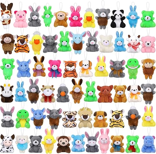 Fovths Juego de 64 juguetes de animales de peluche, lindo llavero de animales de peluche pequeños de la selva, decoración de bolsas de golosinas,