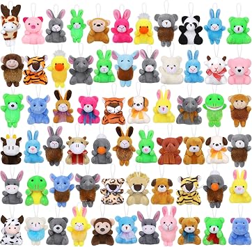 Fovths 64 Pieces Mini Plush Animals Toys Set Cute Small Stuffed Animal Keychain Jungle Animal Decor Goodie Bag Basket Fillers for Birthday Christmas Party