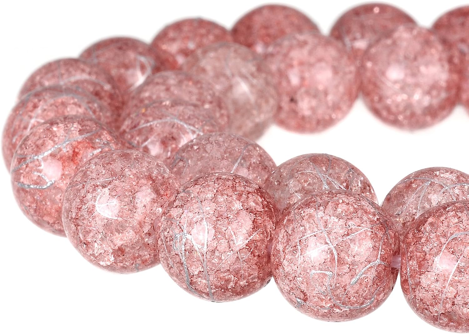 RUBYCA Round Crackle Druk Czech Crystal Pressed Glass Beads for Jewellery Making 6mm Strand (Peach), Rose Pink & Silver