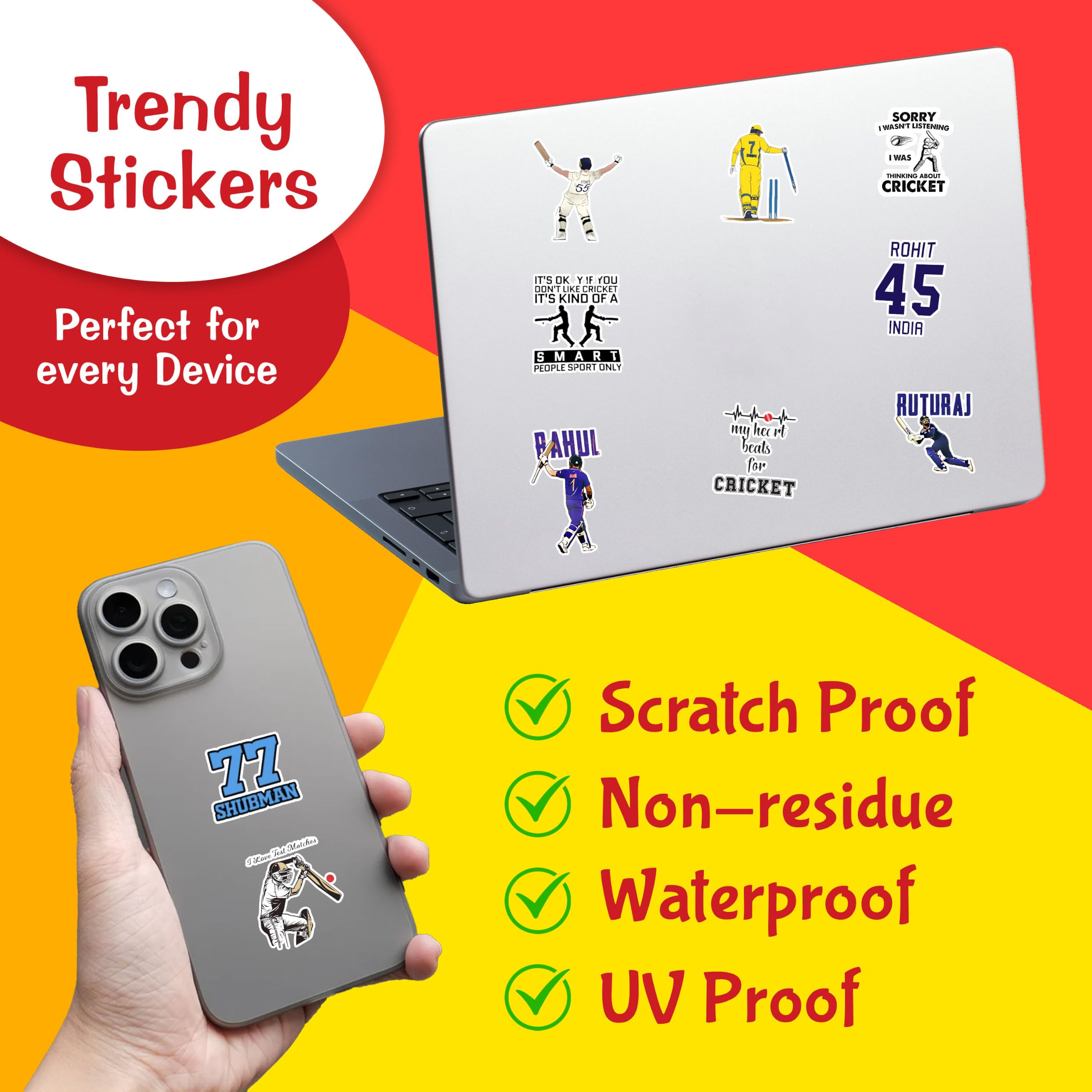 CodersParadise Vinyl Pack of 60 Cricket Stickers for Scrapbook, Laptop, Journal, Diary, Guitar, Mobile Phone - Waterproof Residue Free Sticker, self-adhesive, 3 inch 3