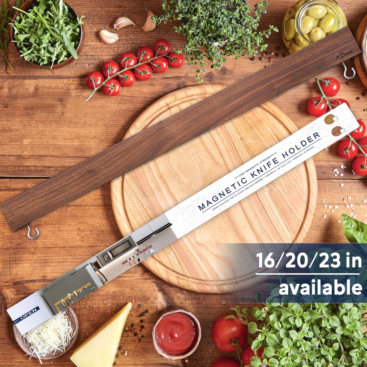 Dmore magnetic knife holder for wall—with 2 hooks, No Drilling 20 Inch walnut knife magnetic strip, Powerful knife magnet rack, include Adhesive Tape and screws for Knives, Utensils, and Tools image 2