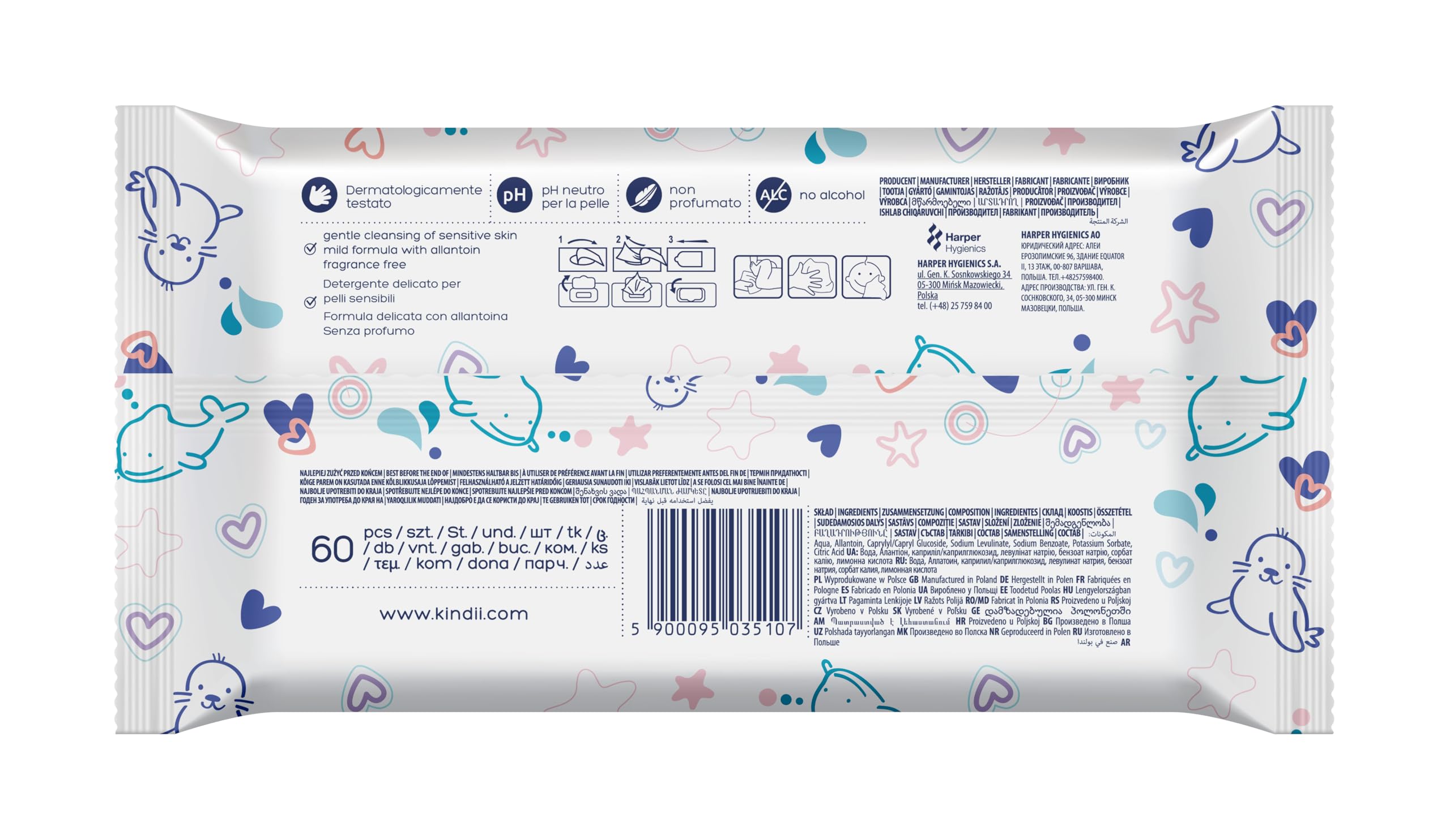 Kindii Salviette Umidificate Pure Water 99% - (60 Pz) Salviette - Composizione 99% Acqua, Allantoina, Senza Profumazione, Dermatologicamente Testate - 60 Pz