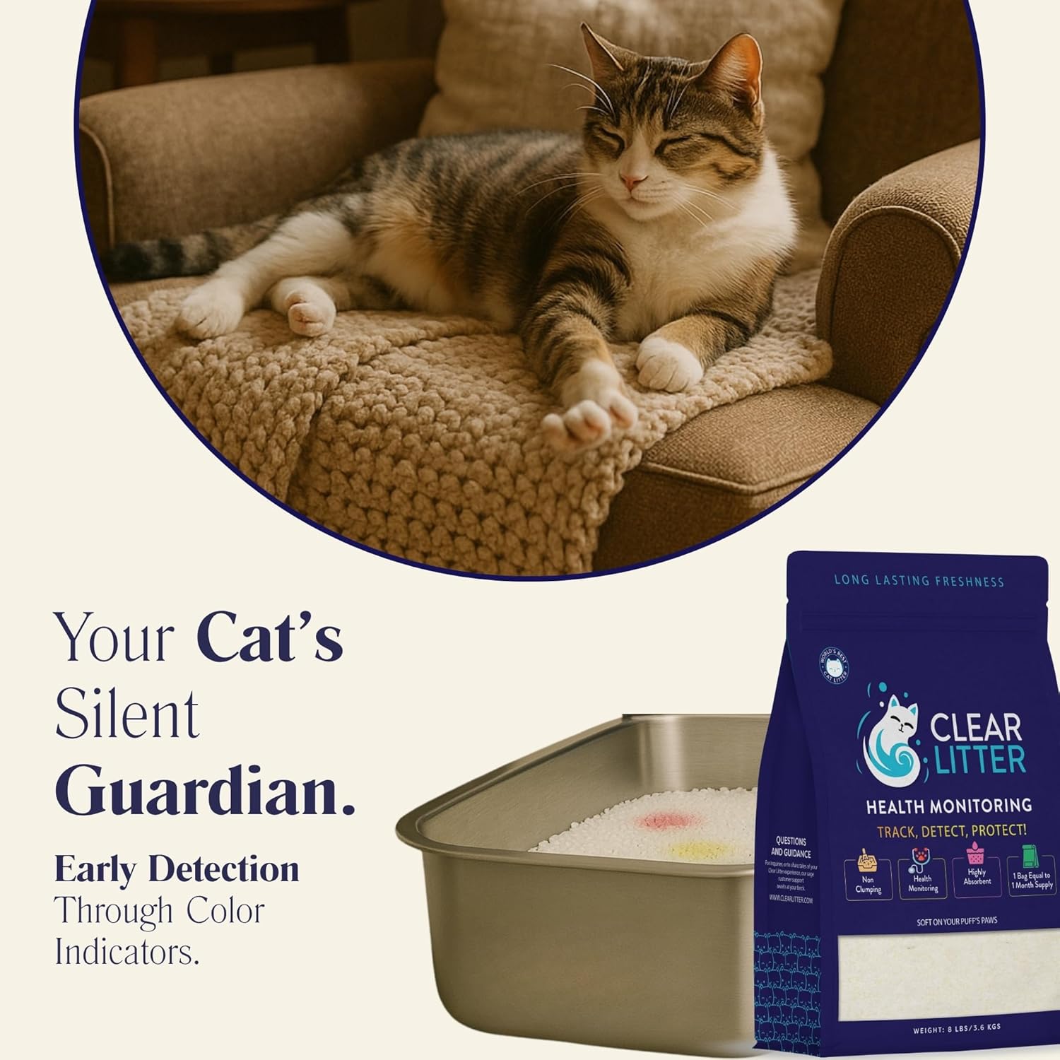 Crystal Cat Litter with Color-Changing Health Monitoring Crystals – 30-Day Odor Control, Low Dust, Non-Clumping, Ultra Absorbent, Safe for Multi-Cat Households, Easy Clean Silica Gel