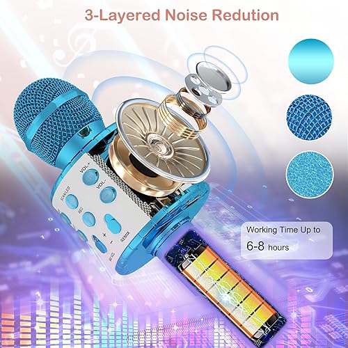 Miniatura 4 de Verkstar - Micrófono inalámbrico para karaoke, altavoz de karaoke Bluetooth micrófono de juguete para niños y adultos cumpleaños con luces LED y