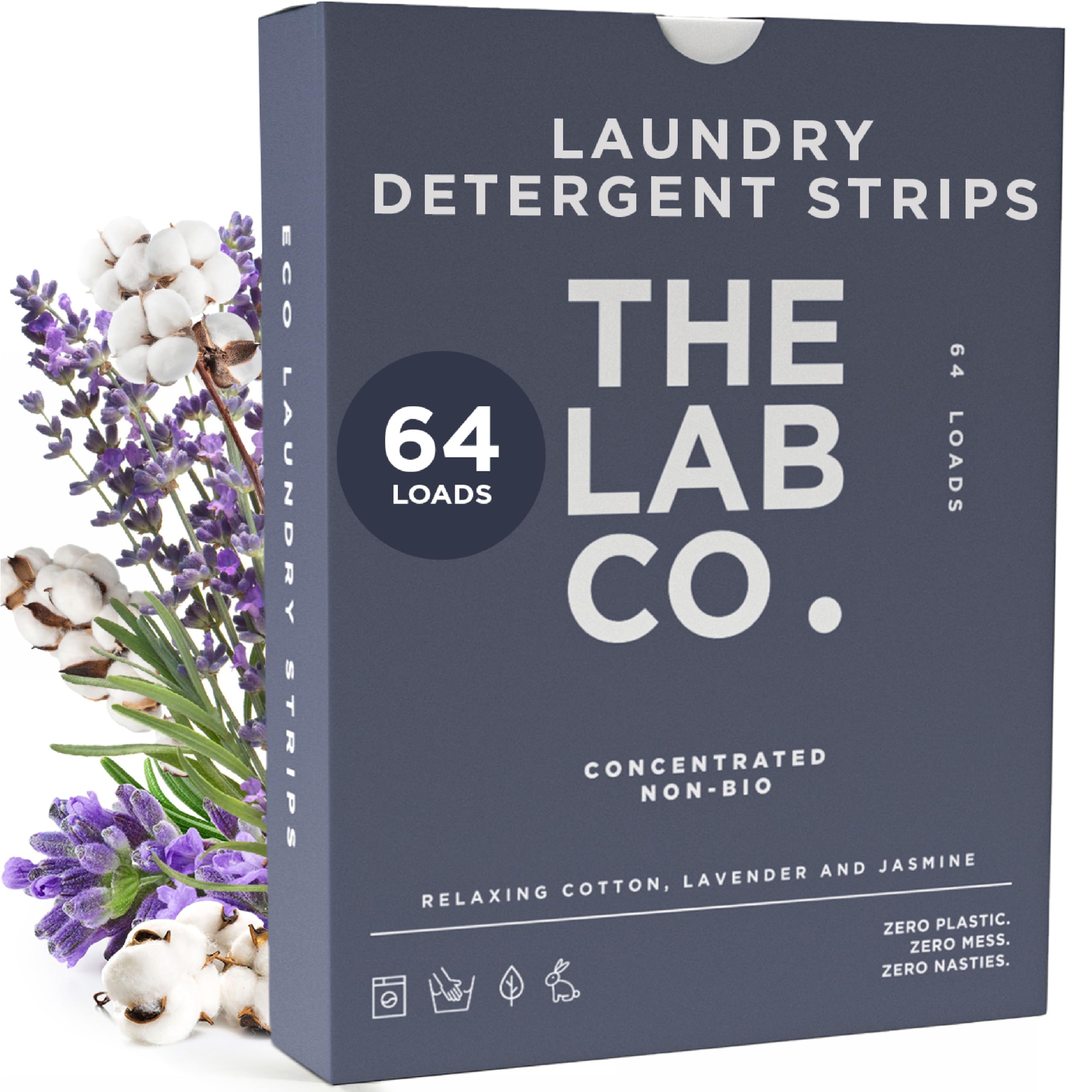 The Lab Co. Lavender Laundry Detergent Strips Washing Sheets | Eco Ultra-Concentrated | Non-Bio For Sensitive Skin | Non-Toxic Fragrance | Edc-Free | Lab-Tested | Relaxing Cotton Jasmine | 64 Loads