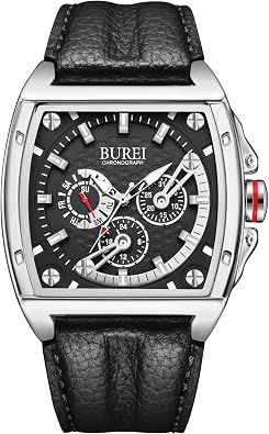 BUREI Mens Watch,Fashionable Square Watch,Chronograph,Waterproof,Luminous,Calendar Multifunction Mens Watch with Leather Strap