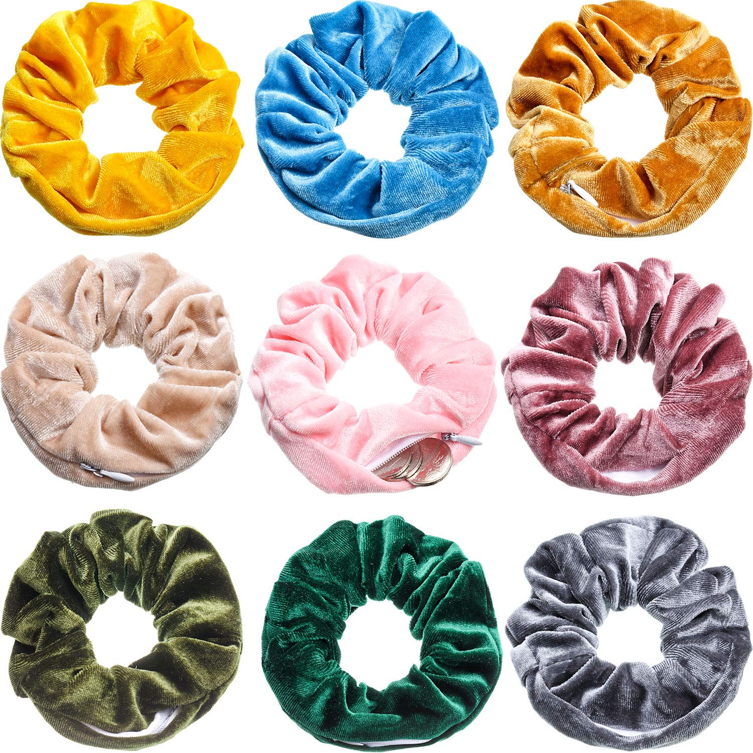 9 Pieces Velvet Pocket Hair Scrunchies Hidden Pocket Hair Ties Elastic Zipper Scrunchies with Zipper Pocket Storage for Women Girls Hair Accessories