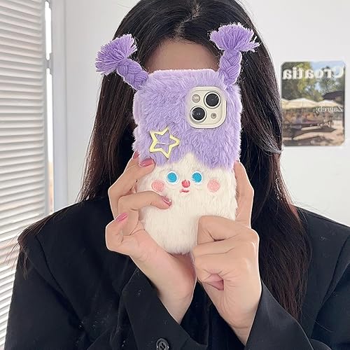 Miniatura 6 de Bonita funda de teléfono de felpa de dibujos animados compatible con iPhone 13 Pro, divertida funda de teléfono 3D verde peluda para invierno cálido