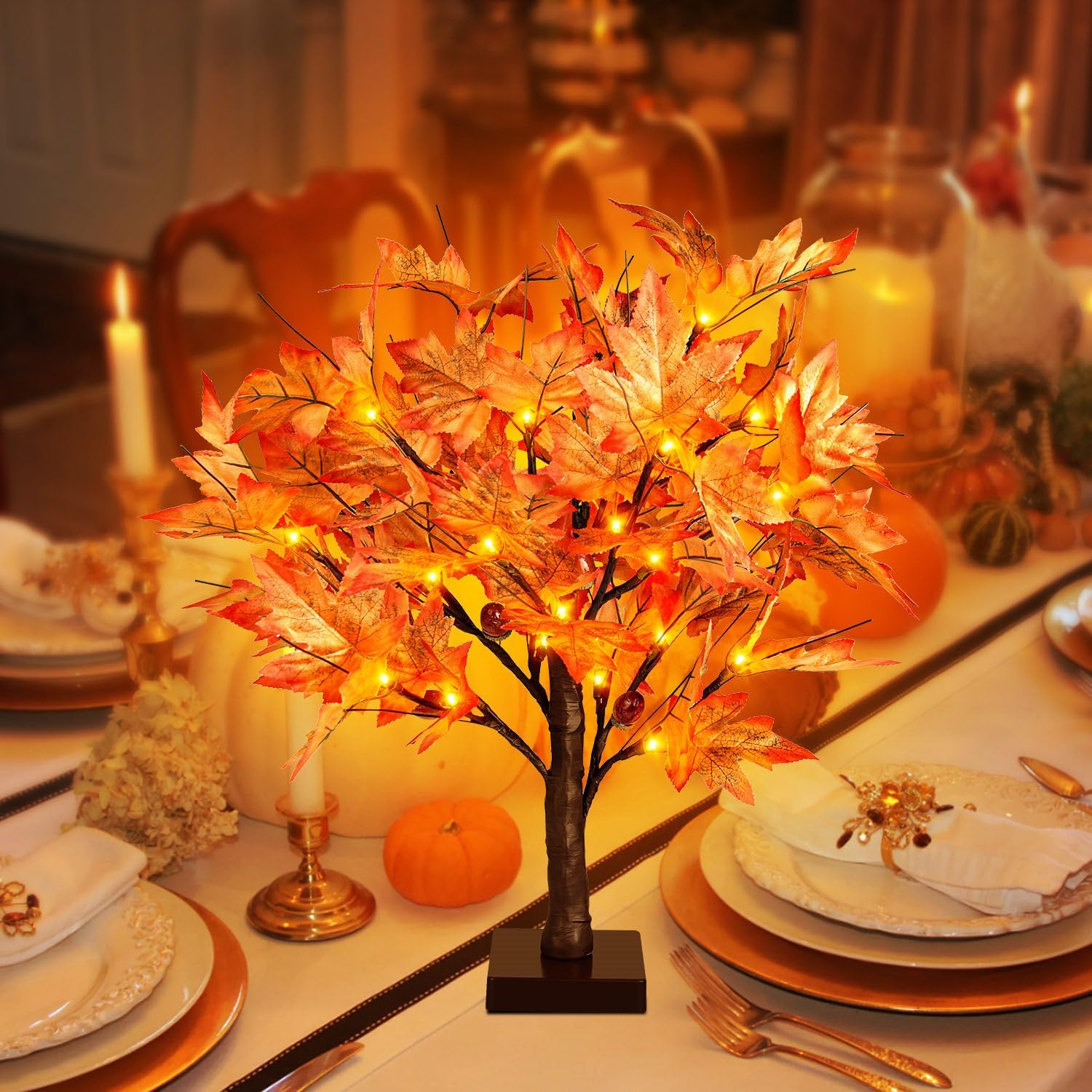 FastDeng 1.5FT Lighted Maple Tree, 18 Inch Artificial Fall Tree Light, Timer 36 LED Light, 72 Leaves, 6 Acorns Autumn Tabletop Tree Battery Operated for Indoor Fall Harvest Home Decor, Thanksgiving