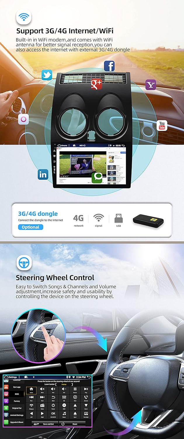 Image detailing 3G/4G internet connectivity and steering wheel control features of the YUNTX car radio.