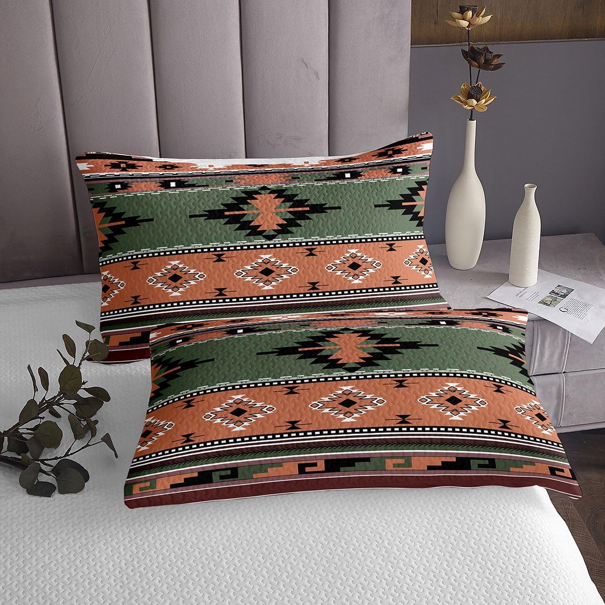 Erosebridal Western Decor,Vintage Exotic Indian Geometric Bedspread Boho Western Quilted King,Ethnic Tribal Arrow Coverlet Set Aztec Quilt Set,Rustic Home Decor Rustic Farmhouse Bedroom Green Brown