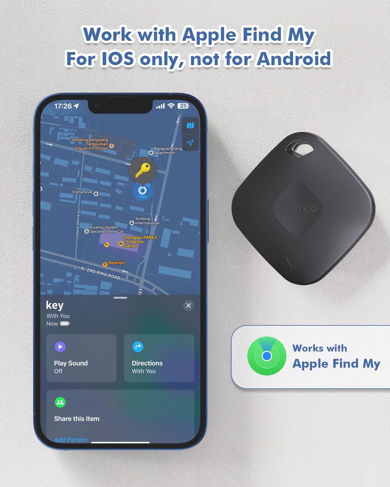 Yipoyilo Air Tag 1 Pezzi, Compatibile con Apple Dov'è (Solo iOS, Non Supporta Android), Localizzatore Chiavi con Protezione della Privacy, per Borsa da Viaggio Chiave e Altro, Nero Freddo