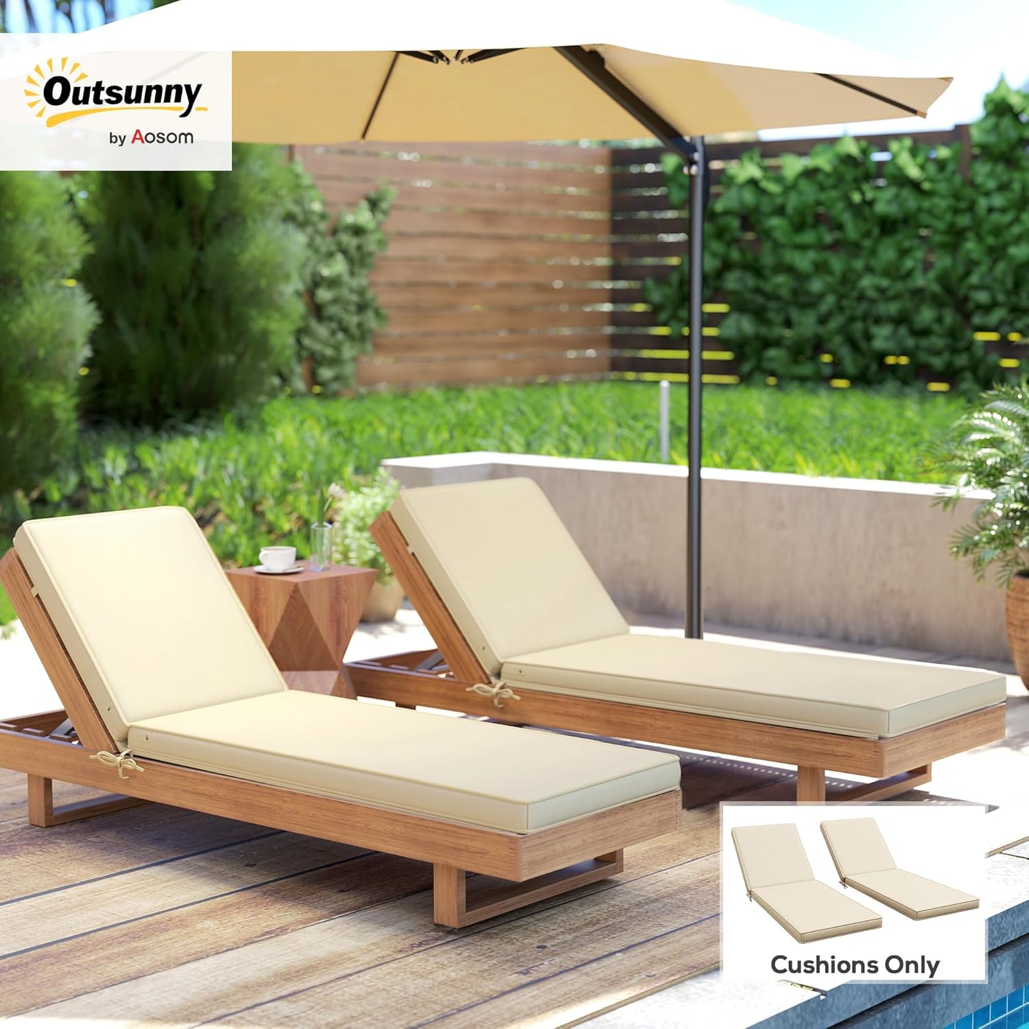 Outsunny Chaise Lounge Cushions Outdoor Set of 2, Fade Resistant, 72 x 21 x 3 in Sun Lounger Replacement Cushions, Patio Lounge Chair Pads with Removable Cover for Pool, Beach, Deck, Lawn, Beige