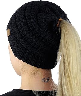 IVYRISE Winter Warm Women BeanieTail Soft Stretch Ponytail High Bun Cable Knit Ribbed Beanie Hat, Black