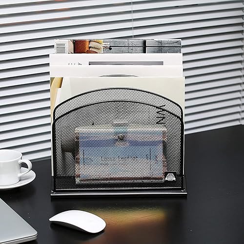 Vista 69 de Organizador de archivos de escritorio inclinado, soporte vertical de 5 secciones, soporte de metal clasificador de archivos para oficina y aula