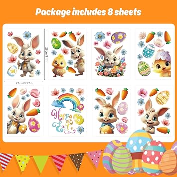 LOKIPA Easter Window Stickers, 3D Easter Window Decals Easter Window Clings Double Sided for Easter Window Decorations(8 Sheets)