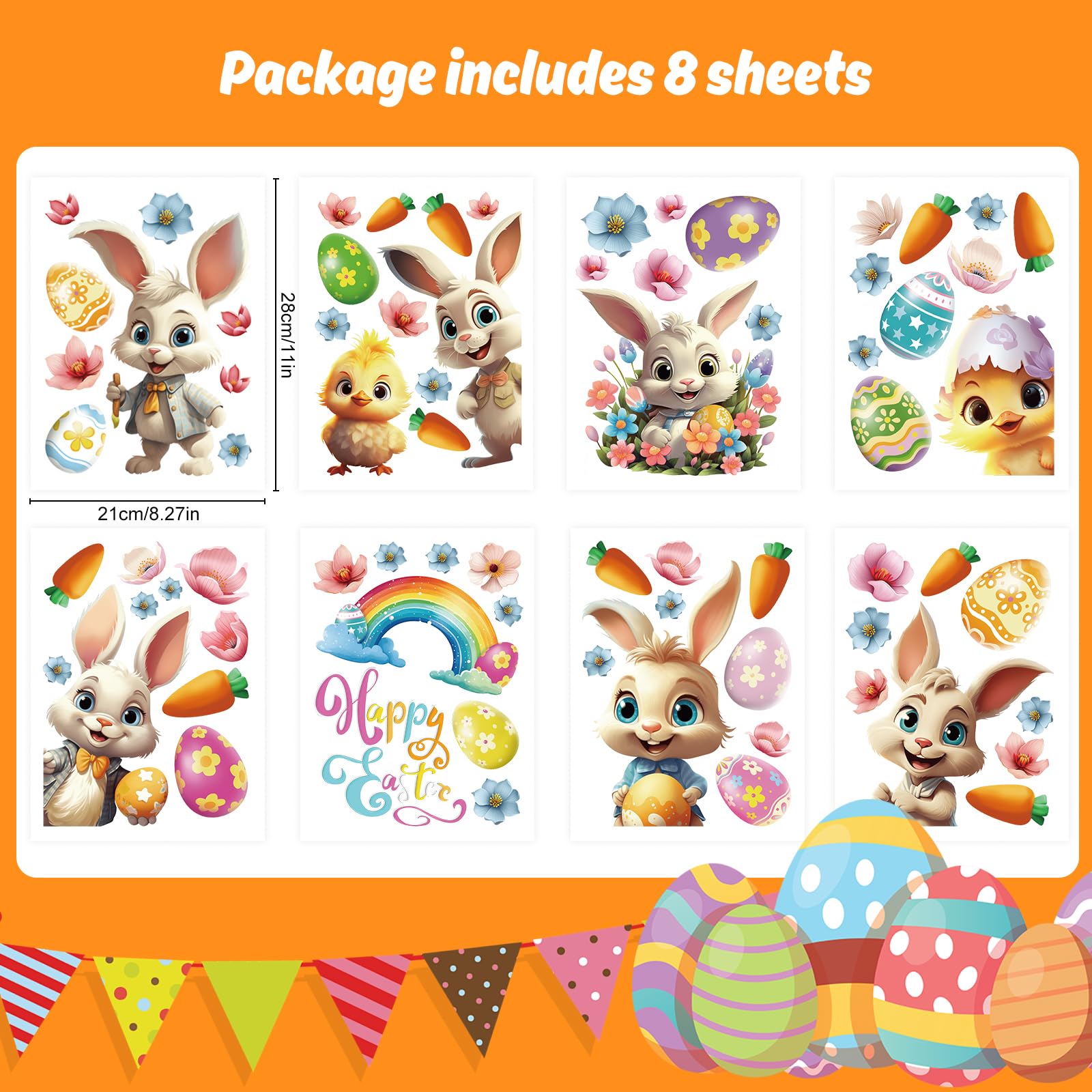 LOKIPA Easter Window Stickers, 3D Easter Window Decals Easter Window Clings Double Sided for Easter Window Decorations(8 Sheets)