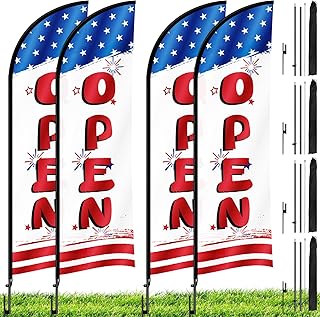 11FT Open Feather Flag with Pole Kit & Ground Stake, 4 Pack Advertising Flags for Outside Businesses and Events Promotion (Red, White & Blue)