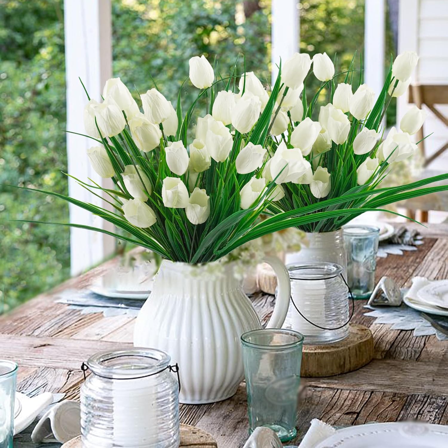 12 Bundles Tulips Artificial Flowers, 60 Heads Outdoor Artificial Tulip Faux Plastic Greenery Shrubs Plants UV Resistant for Easter Home Outside Garden Porch Window Decor (White)