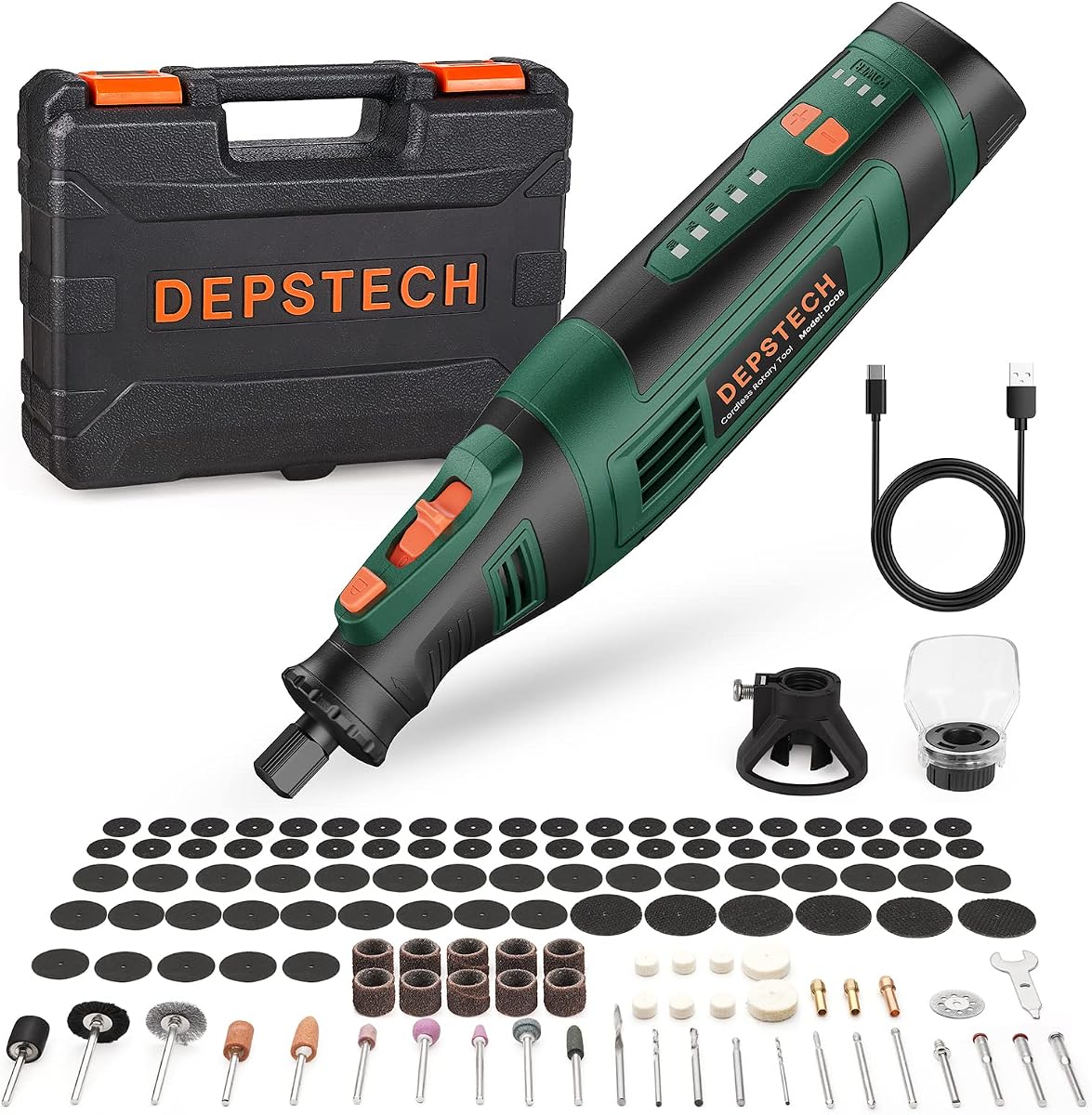 DEPSTECH Kit de herramientas rotativas inalámbricas, batería recargable de 8 V 2,0 Ah, 30000 RPM | Accesorios de 127 Uds., 5 herramientas eléctricas de tallado de velocidad variable, accesorio de escudo, para lijado, pulido, perforación, corte, manualidades