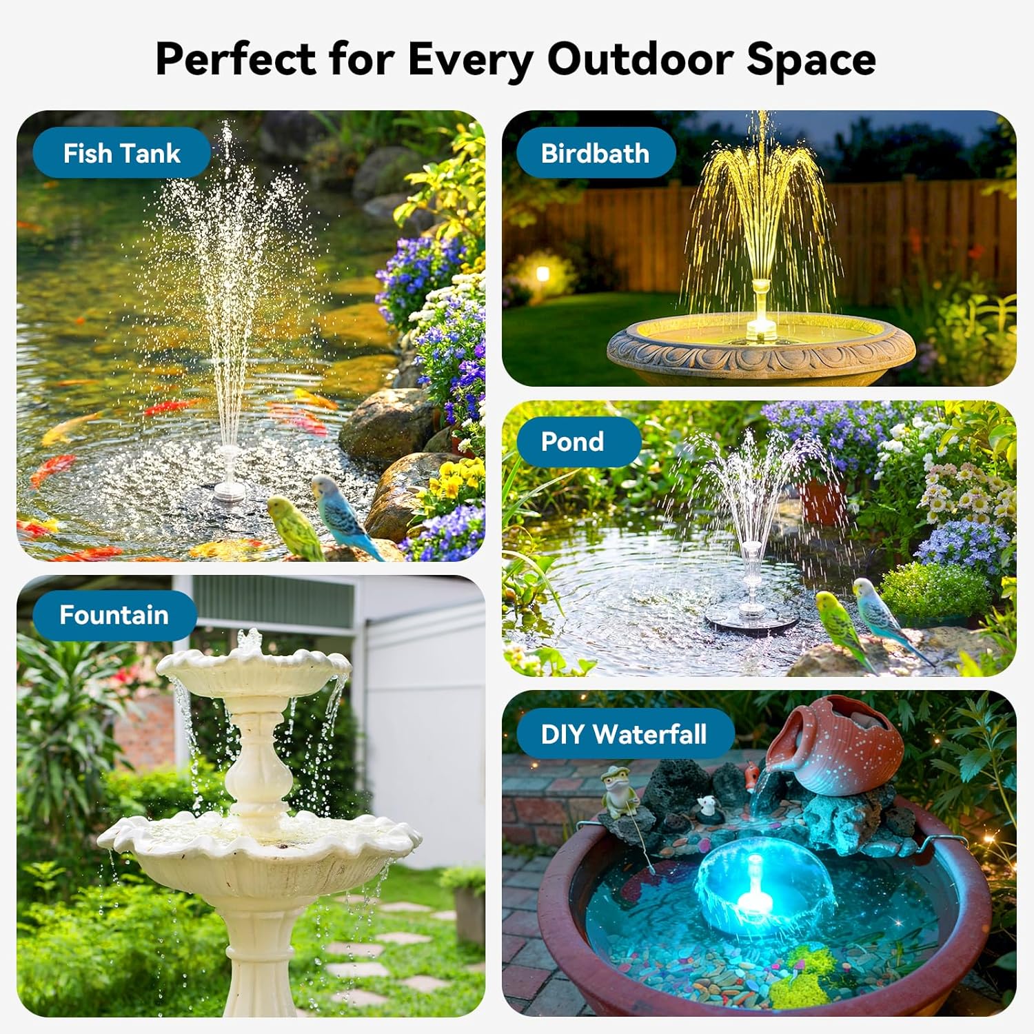 Antfraer 12W Solar Fountain Pump with 4200mAh Battery Backup& Remote RGB LED Lights, Floating Solar Water Fountain with 8 Nozzles & PVC Tubing for Bird Bath, Garden, Backyard, Outdoor Water Feature