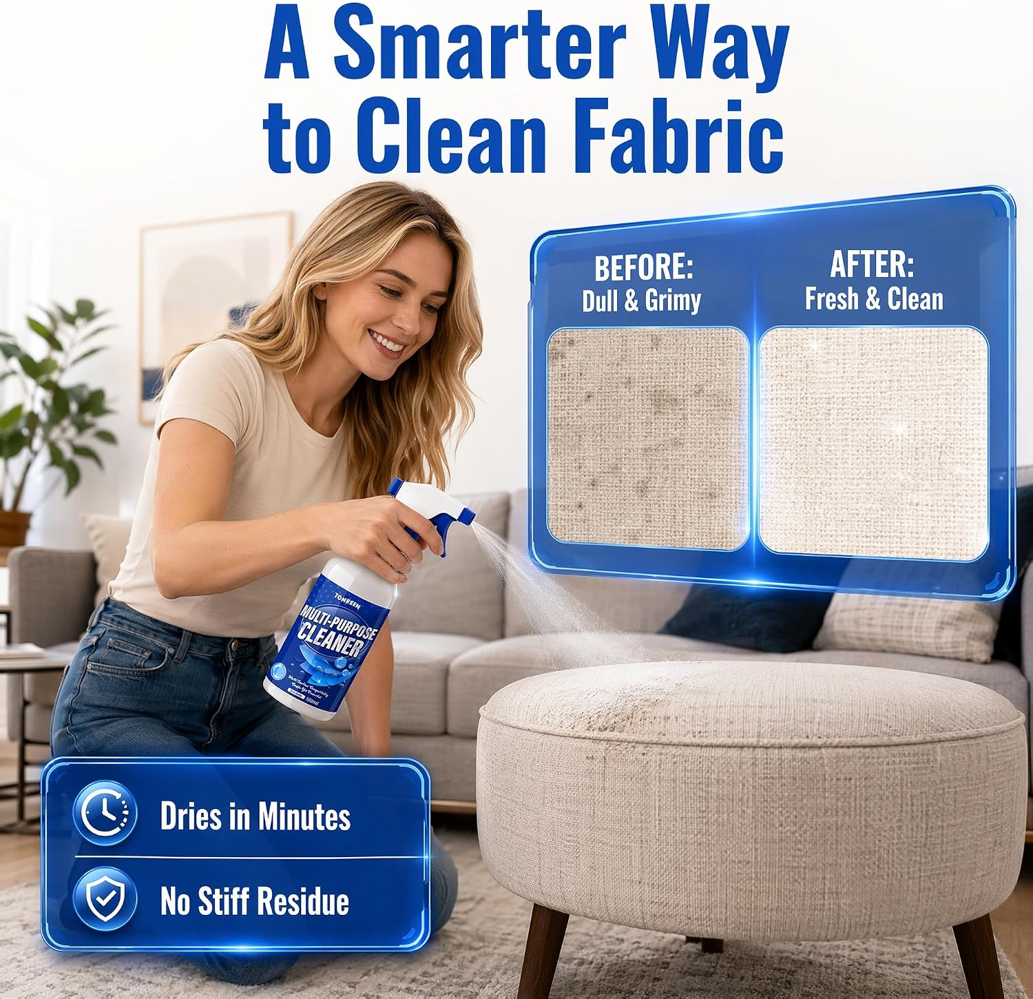 Fabric & Upholstery Cleaner Spray for Couches, Chairs & More - No-Rinse Formula for Microfiber, Suede, Polyester, Linen, Cotton, Velvet, Cushions, Pillows, Ottomans, Car Seats & Pet Beds - 500ml