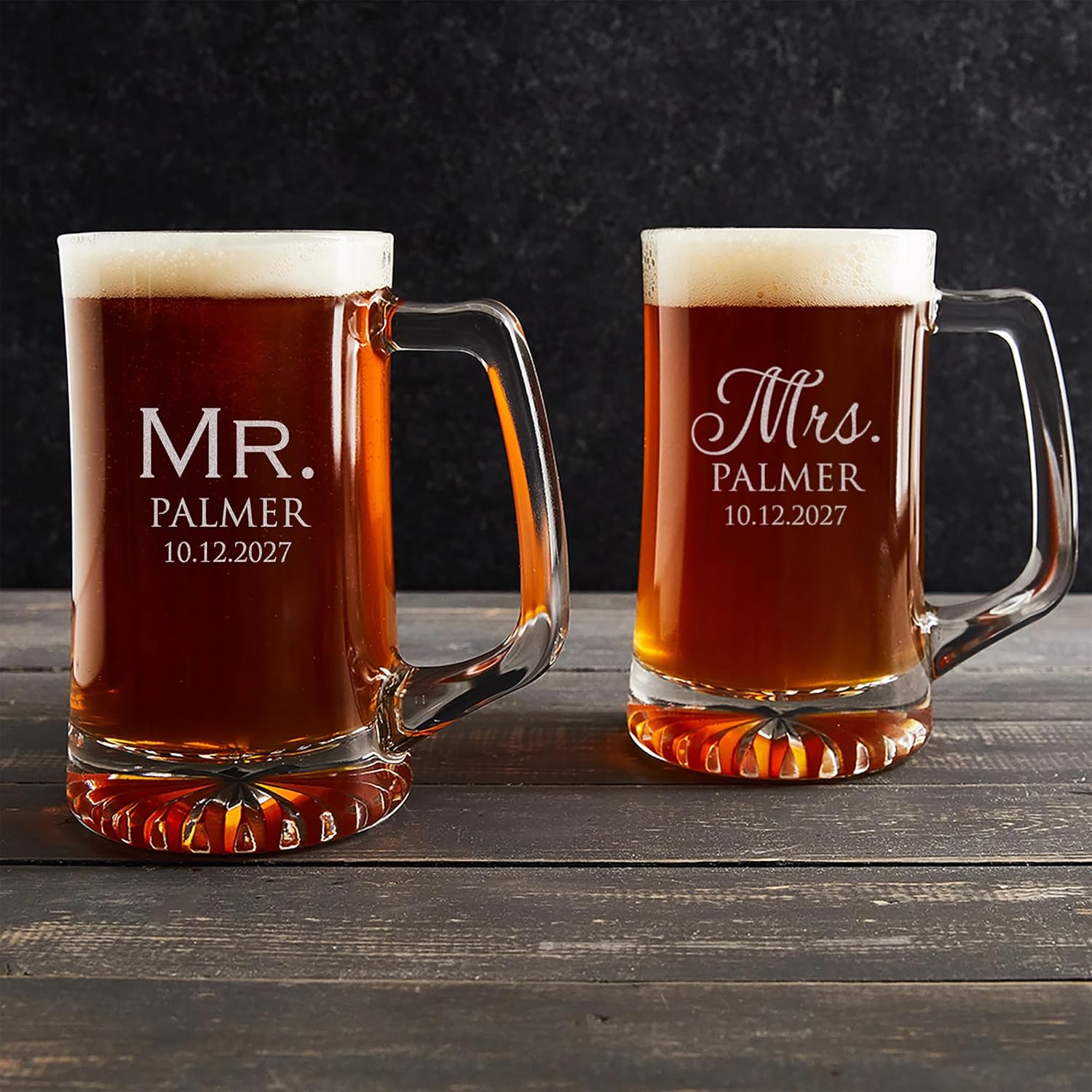 Lifetime Creations Pair (2) Engraved Personalized Mr. & Mrs. Beer Mugs 25 oz - Beer Stein Wedding Gift for Bride & Groom, Newlywed Engagement Gift, Dishwasher Safe, Made in USA