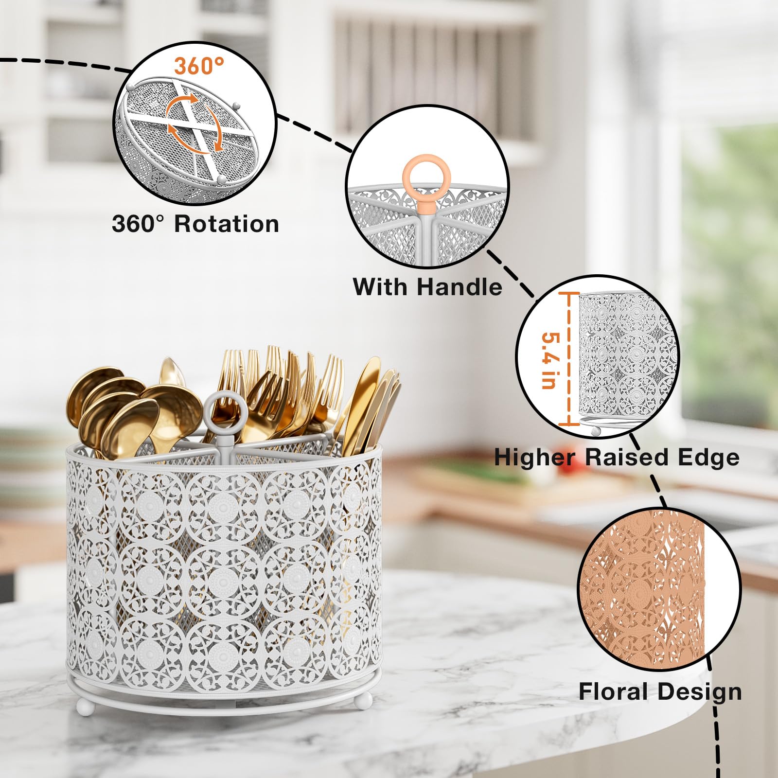 EKNITEY Rotating Utensil Caddy Holder, Higher Raised Cutlery Caddy Countertop - Image 4