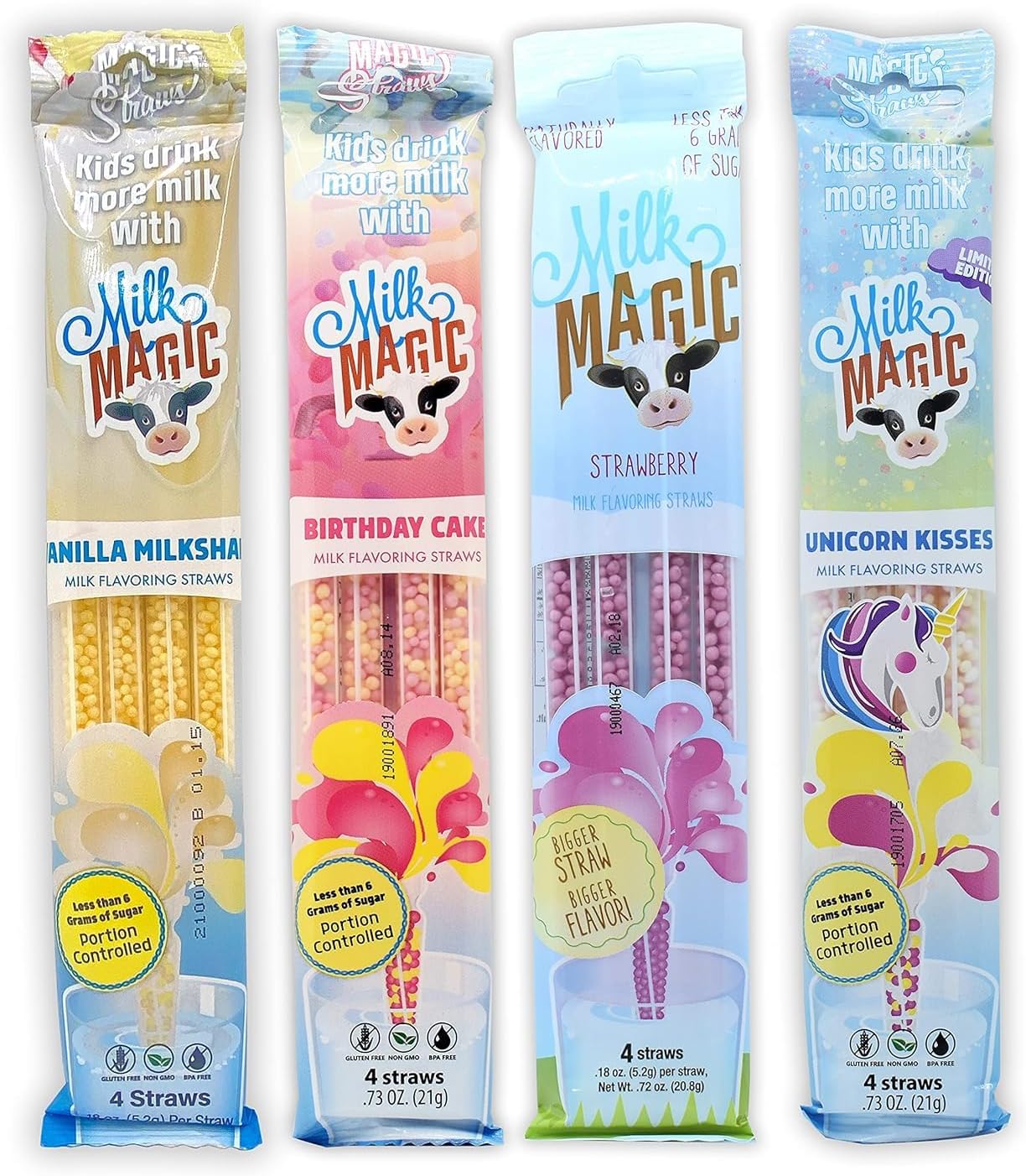 Milk Magic Milk Straws 4-Pack Bundle (16 count), Vanilla Milkshake, Birthday Cake, Strawberry, Unicorn Kisses Flavoring Cereal Straws