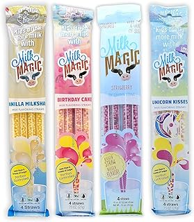 Milk Magic Milk Straws 4-Pack Bundle (16 count), Vanilla Milkshake, Birthday Cake, Strawberry, Unicorn Kisses Flavoring Cereal Straws
