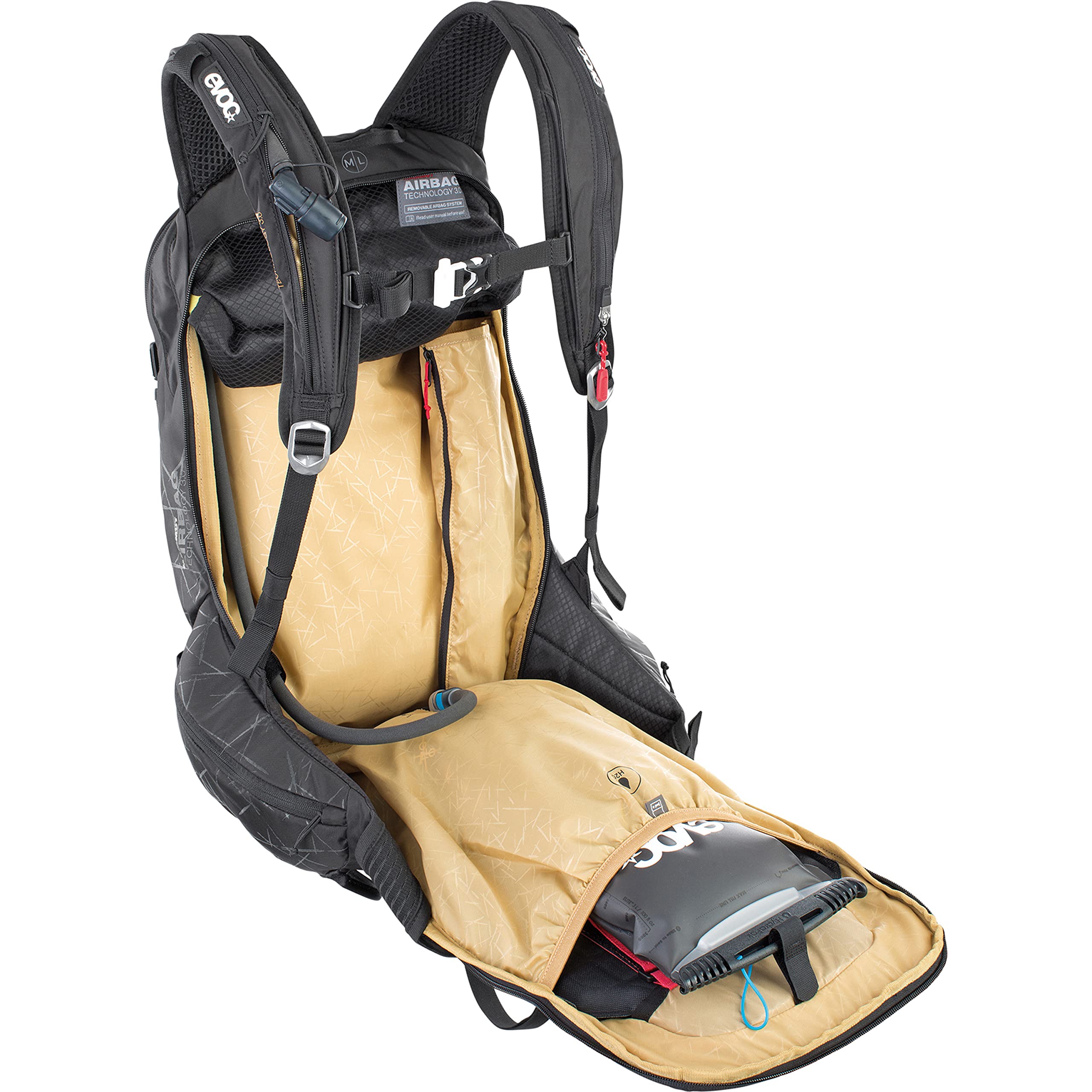 EVOC LINE R.A.S. PROTECTOR 32 Lawinen-Airbag-Rucksack, Skirucksack (NEURALITE SYSTEM, Hüftflügel mit Reißverschlusstaschen, Trinkblasenfach 3l, PROTECTOR CRASH REPLACEMENT, Größe: M/L), Schwarz