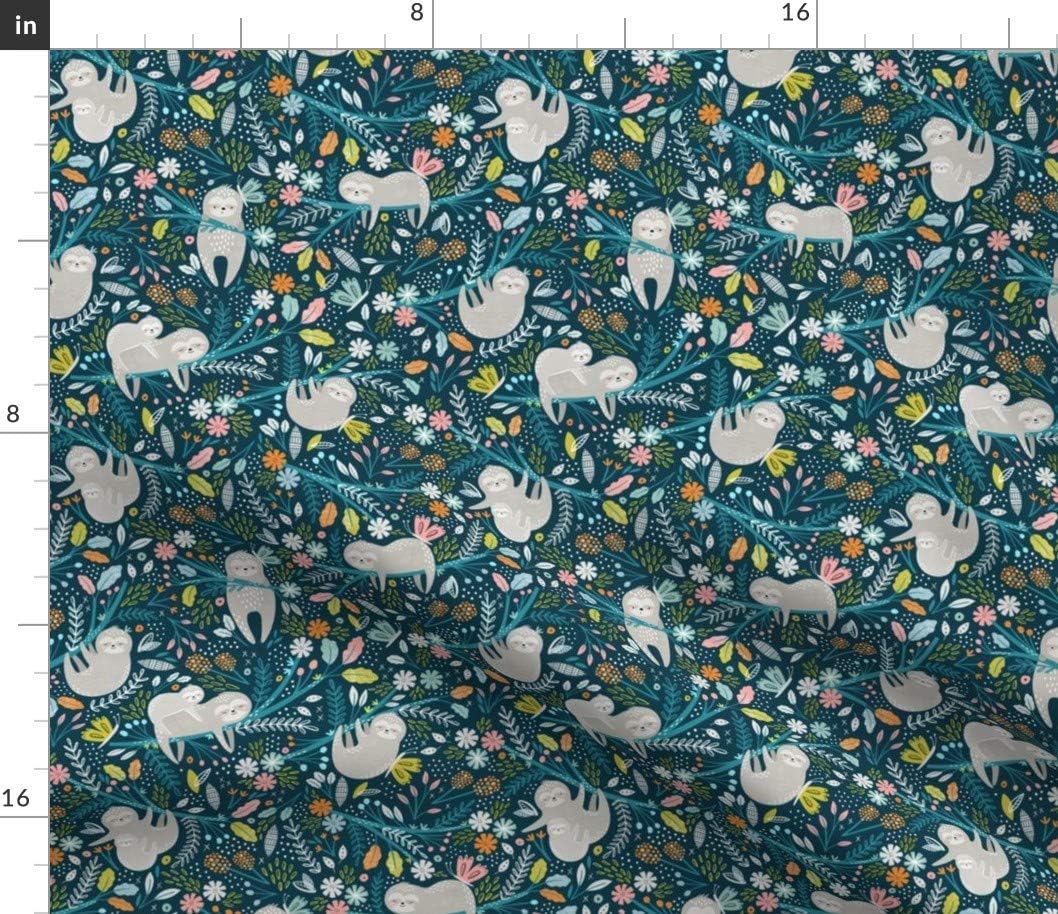 Spoonflower Fabric - Floral Tropical Sloth Butterflies Jungle Nursery Blue Nature Tree Printed on Petal Signature Cotton Fabric by The Yard - Sewing Quilting Apparel Crafts Decor