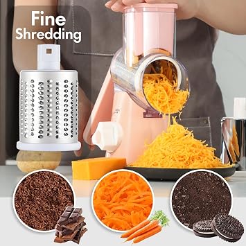 Rotary Cheese Grater with Handle, Round Mandoline Speed Kitchen Slicer, 3 in 1 Multifunctional Vegetable Shredder Manual Nut Grinder for Nuts, Potato, Carrot, Cucumber (Pink)