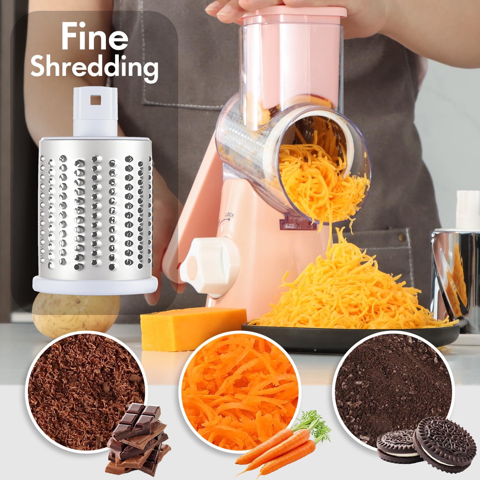 Rallador giratorio de queso con mango, cortador de cocina redondo de mandolina de velocidad, triturador de verduras multifuncional 3 en 1, molinillo manual de nueces para frutos secos, patata