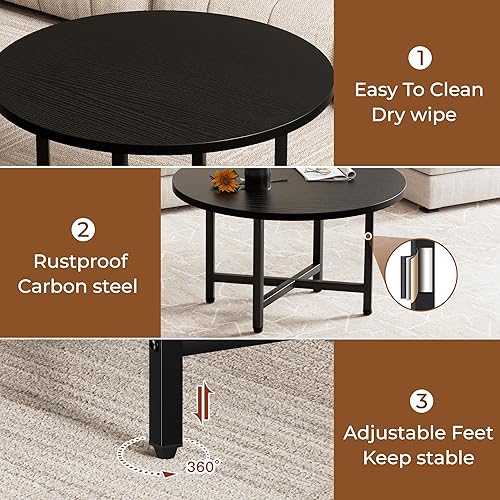 Miniatura 5 de Coffee Table, 23.6" Small Coffee Tables, Black Round Coffee Tables for Living Room, Floor Table for Sitting on The Floor, Center Coffee Table with