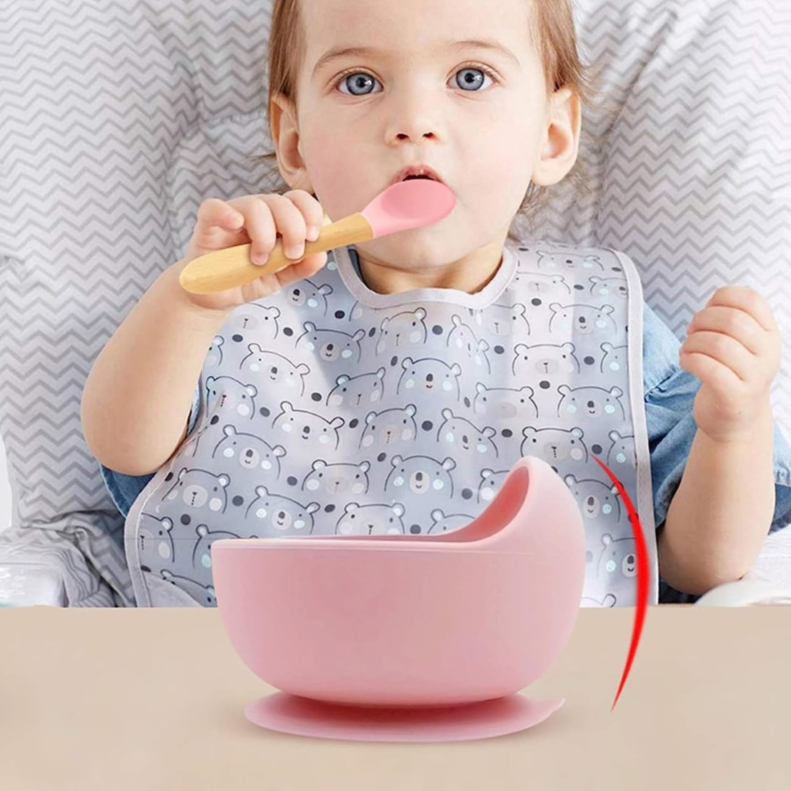ESLORA Silicon Suction Bowl    Wooden Handle Spoon |BPA-Free,Unbreakable,Non- Slip,Microwave & Dishwasher Safe Feeding Set for Babies& Toddlers (Pink) - Image 3 thumbnail